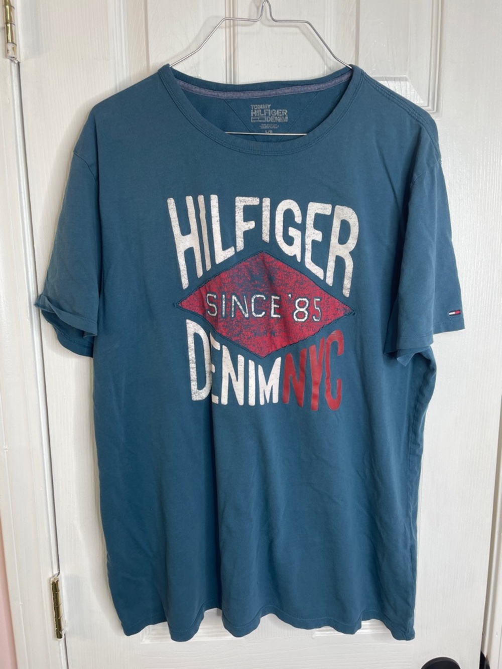 Tommy Hilfiger Teal Blue Graphic Logo Tee with Red Accents